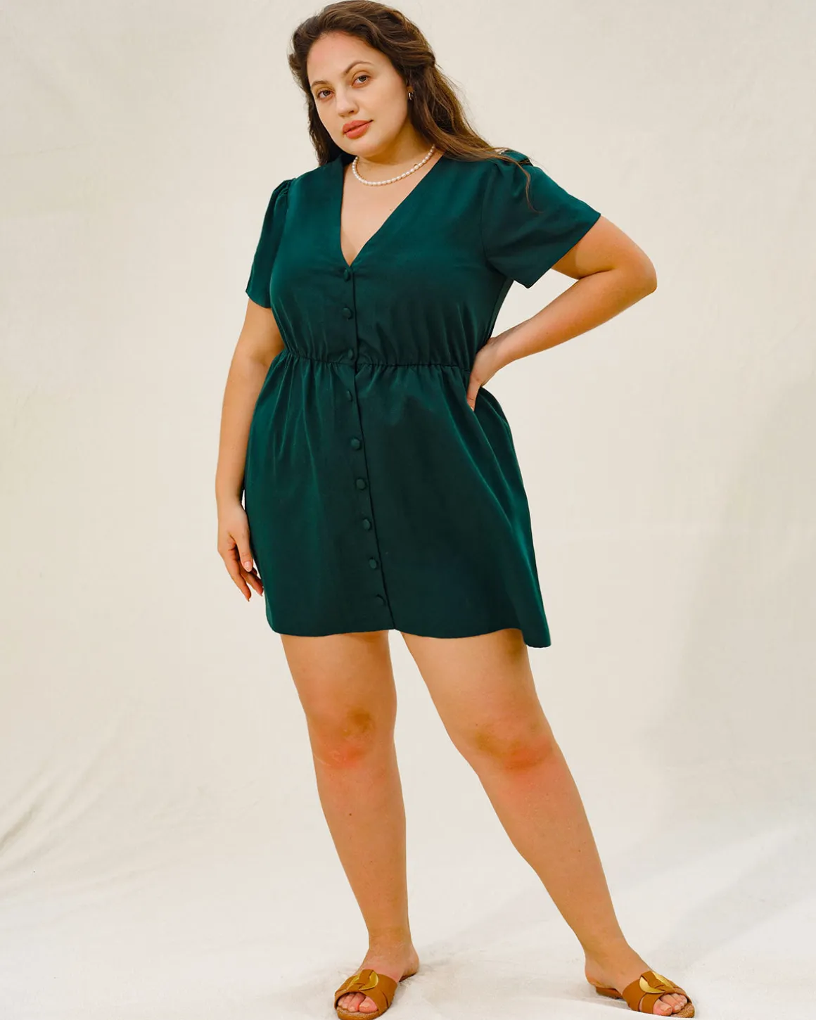 Green Puffed Sleeve Plus Size Mini Dress