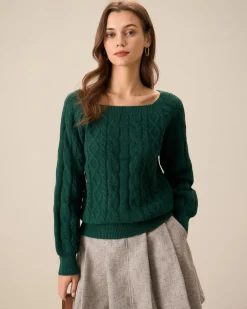 Green Romance Cable Knit Crew Sweater