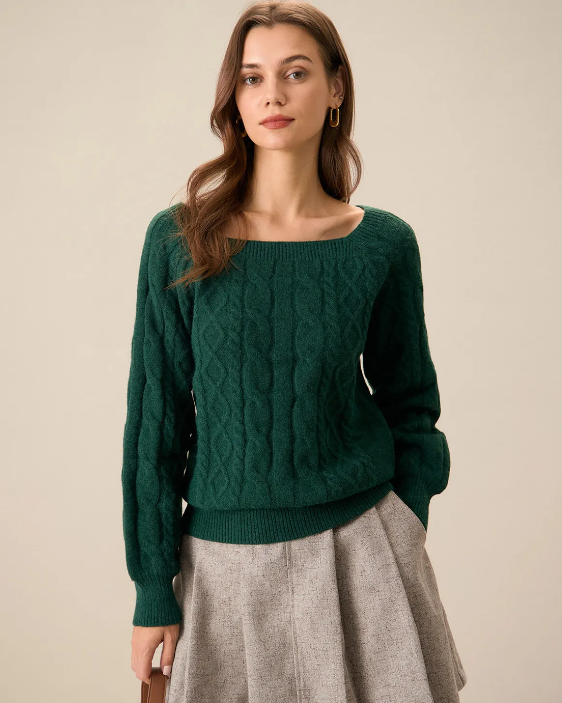 Green Romance Cable Knit Crew Sweater