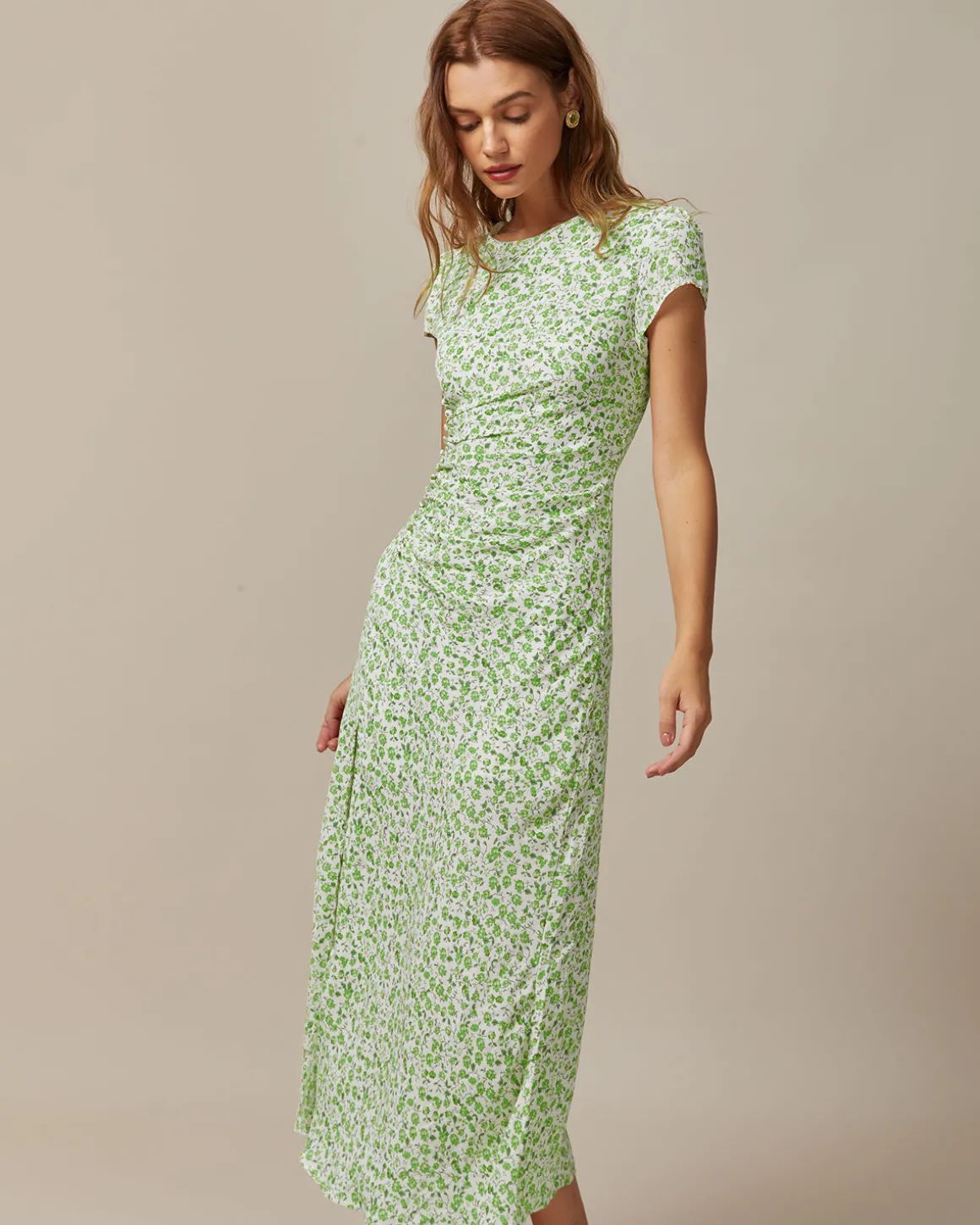 Green Round Neck Floral Midi Dress