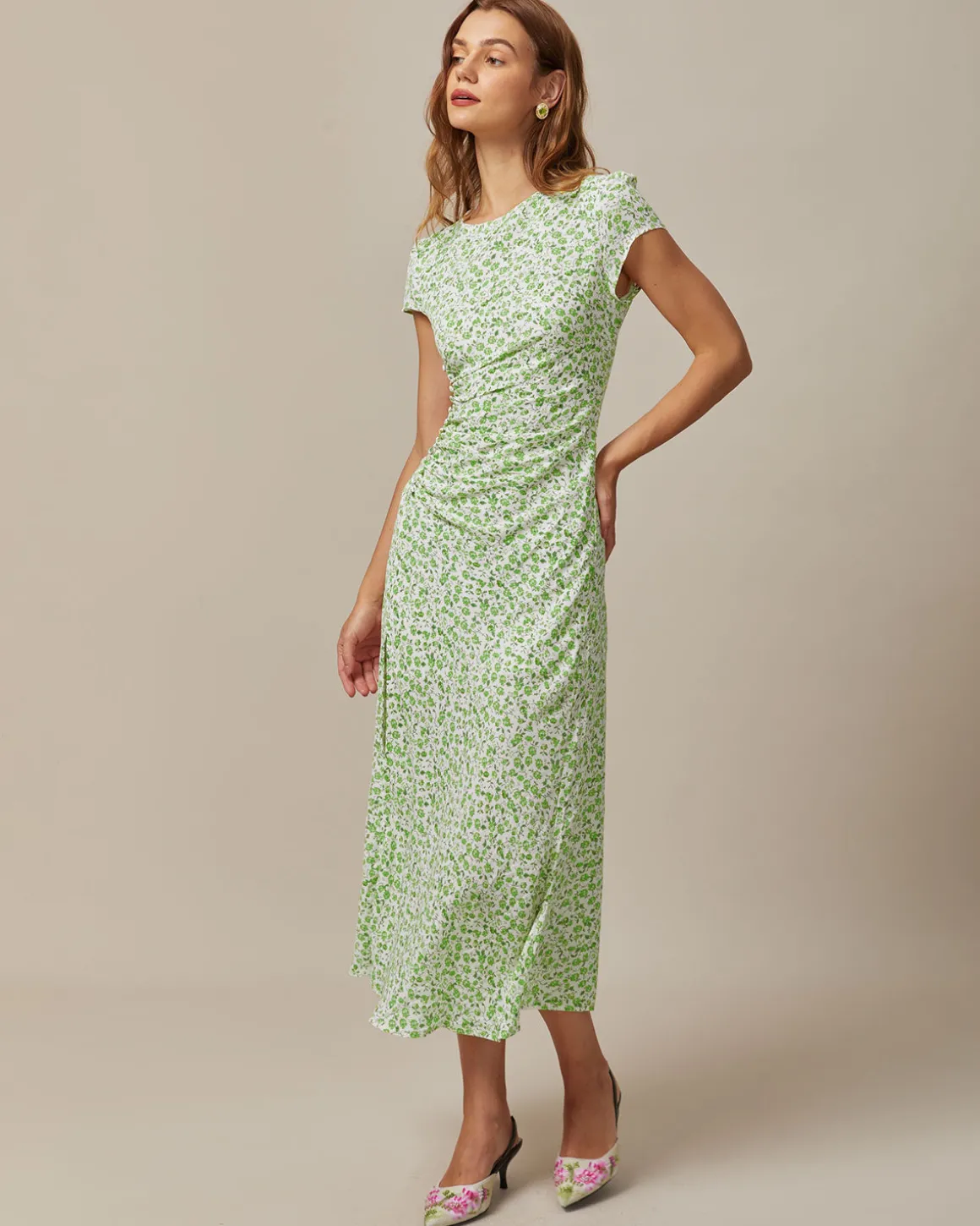Green Round Neck Floral Midi Dress