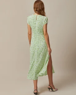 Green Round Neck Floral Midi Dress