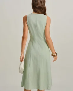 Green Round Neck Sleeveless Midi Dress