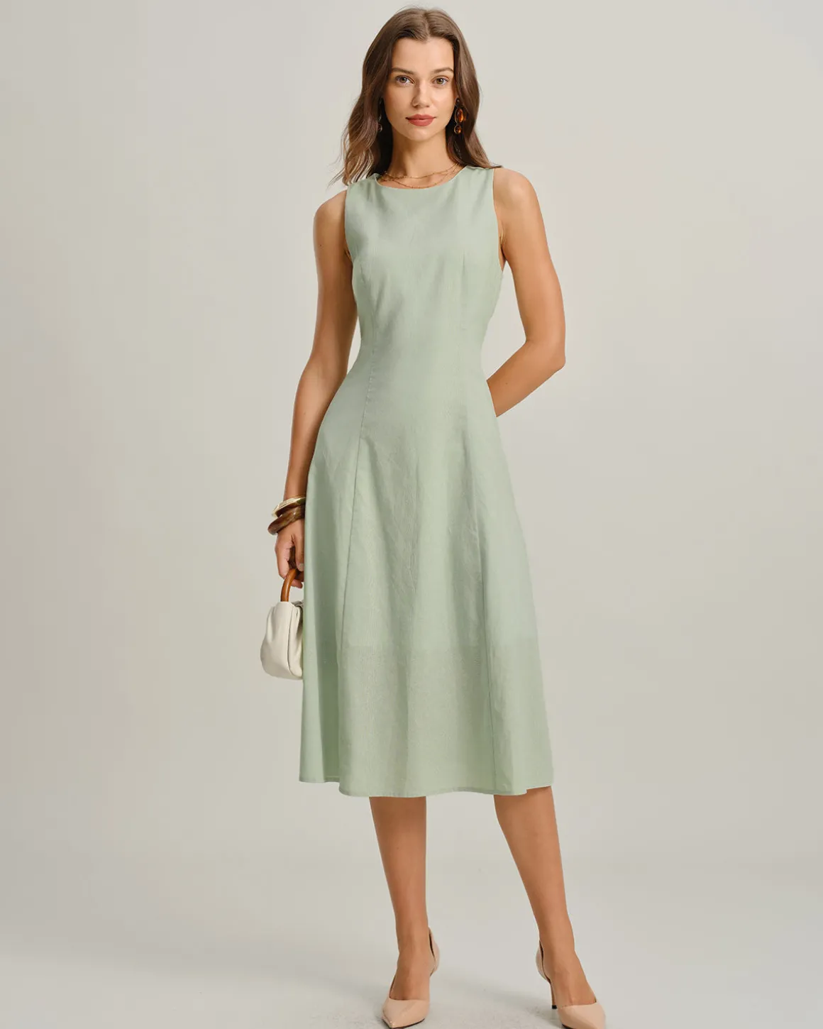 Green Round Neck Sleeveless Midi Dress