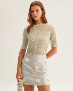 Green Round Neck Textured Half Sleeve Tee