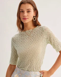 Green Round Neck Textured Half Sleeve Tee