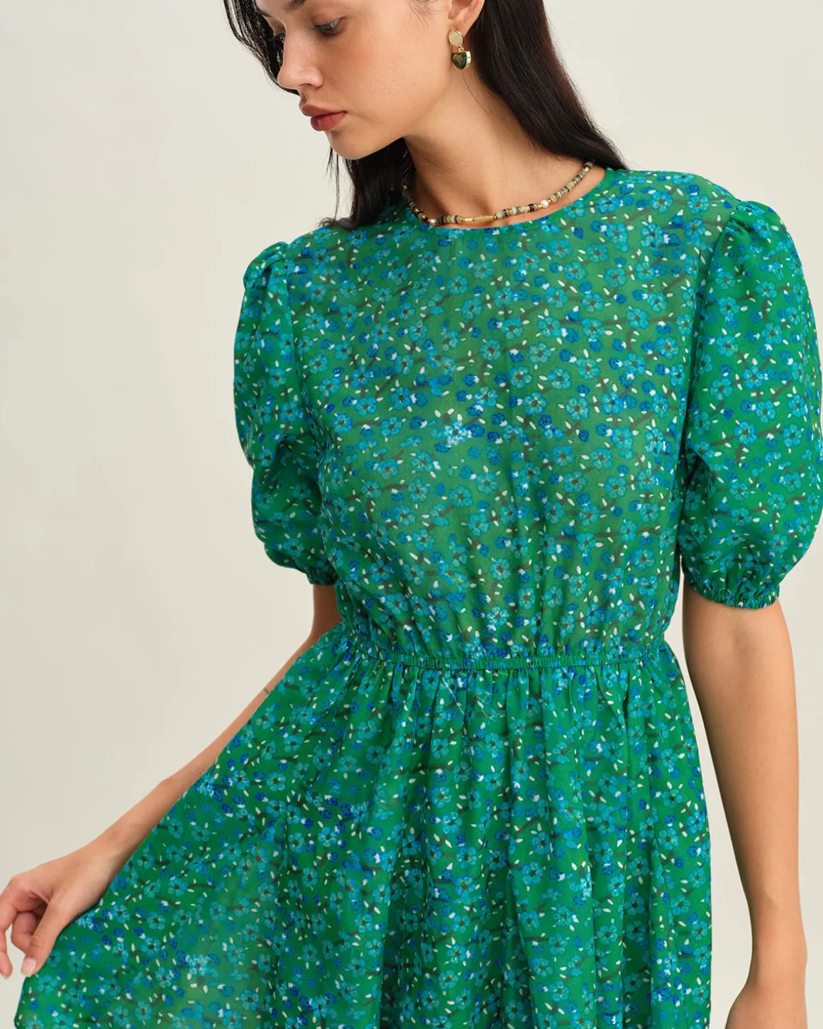 Green Ruched Elastic Waist Mini Dress