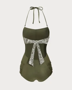 Green Ruched Halter One-Piece Swimsuit
