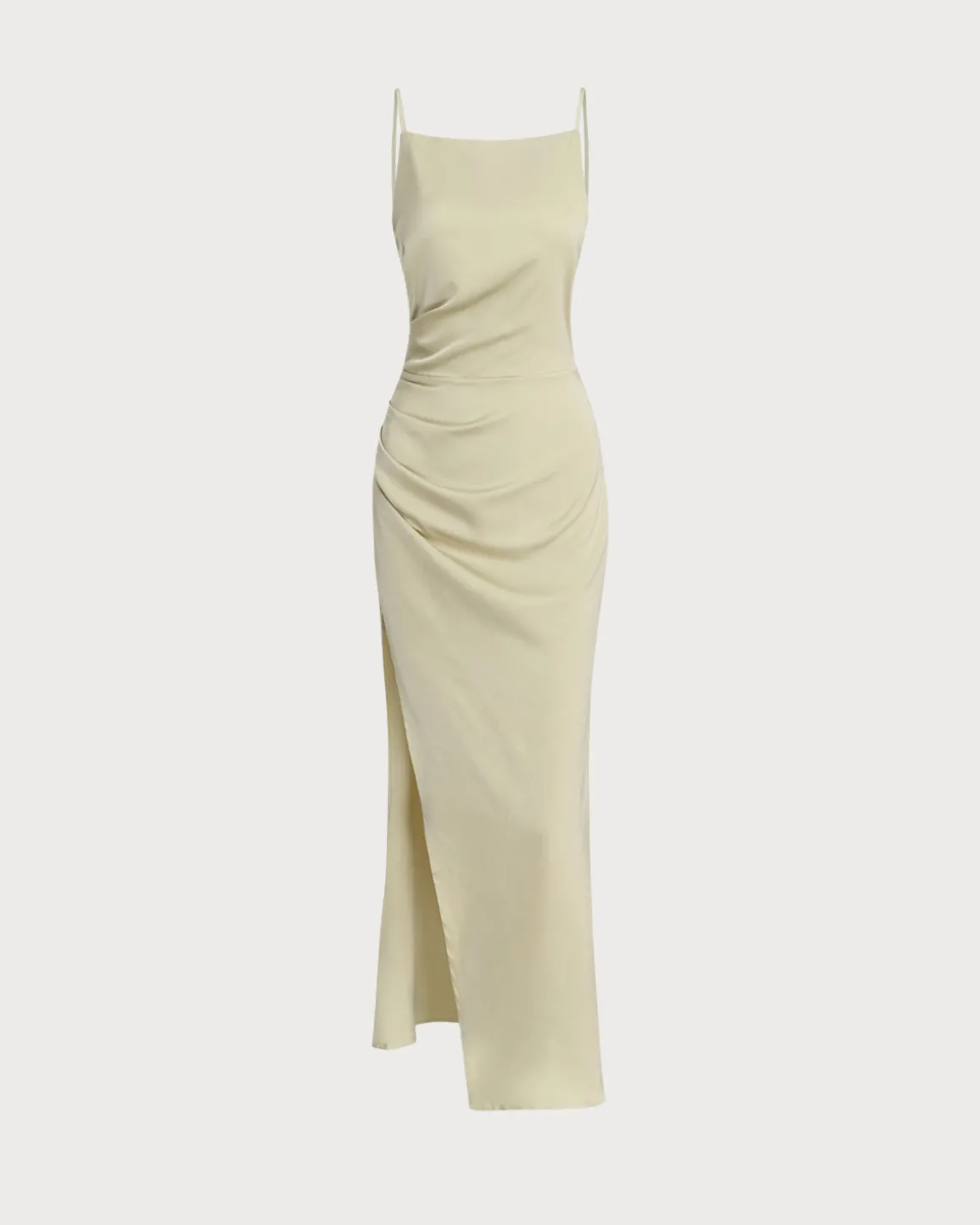 Green Ruched Slit Slip Maxi Dress