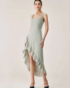 Green Ruffle Slit Slip Maxi Dress