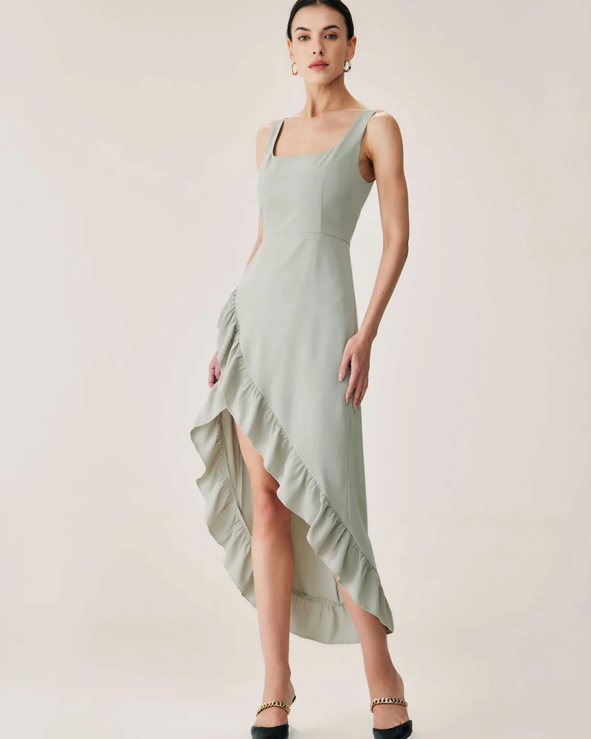 Green Ruffle Slit Slip Maxi Dress