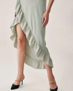 Green Ruffle Slit Slip Maxi Dress
