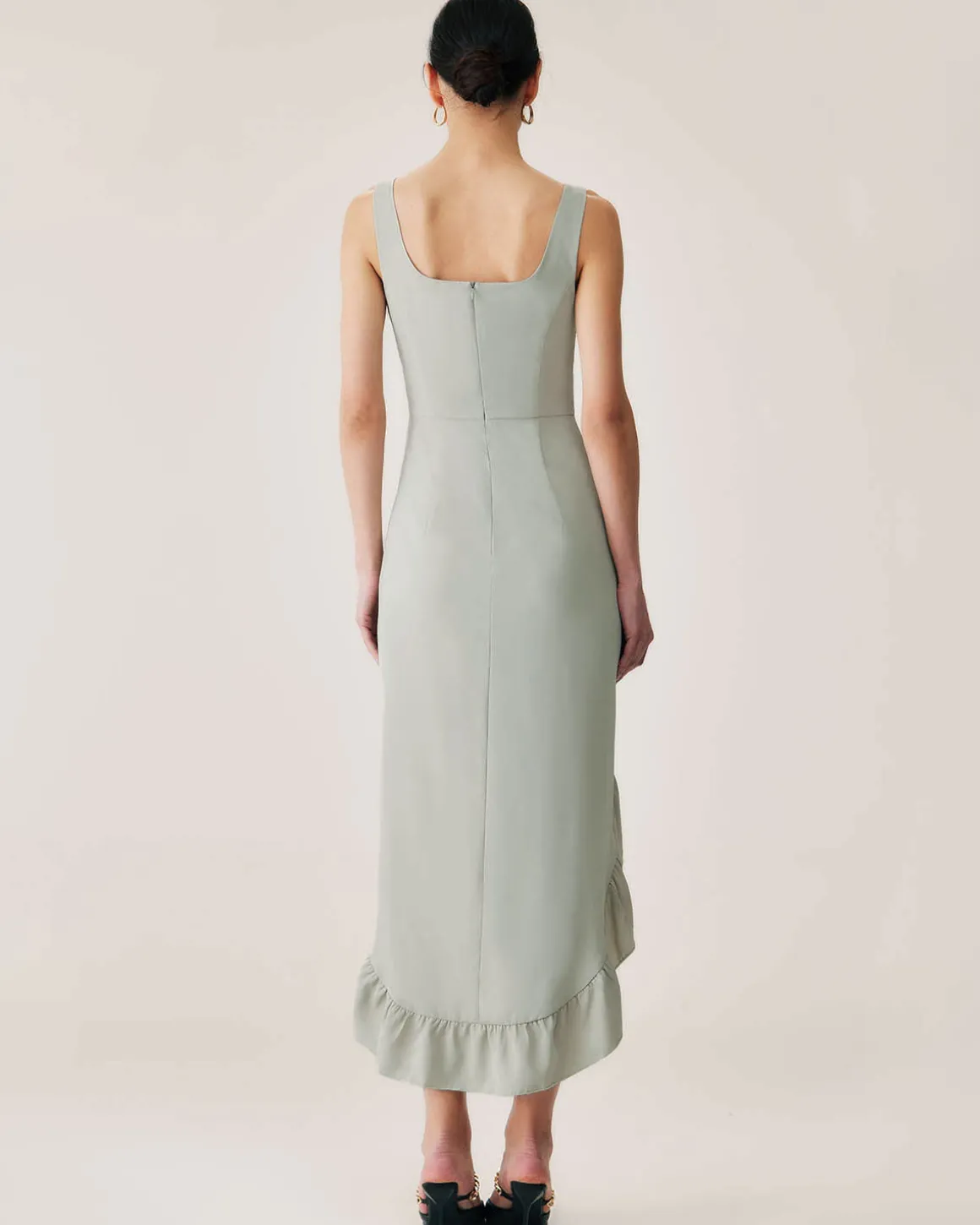 Green Ruffle Slit Slip Maxi Dress