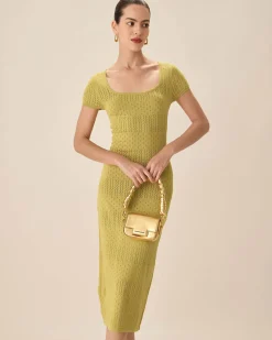 Green Square Neck Bodycon Midi Dress