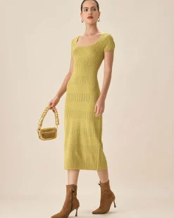 Green Square Neck Bodycon Midi Dress