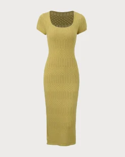 Green Square Neck Bodycon Midi Dress