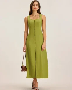 Green Square Neck Button Sleeveless Midi Dress