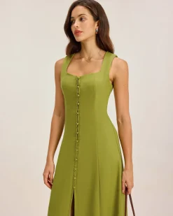 Green Square Neck Button Sleeveless Midi Dress