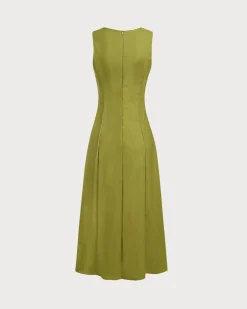 Green Square Neck Button Sleeveless Midi Dress