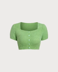 Green Square Neck Cropped Knit Tee
