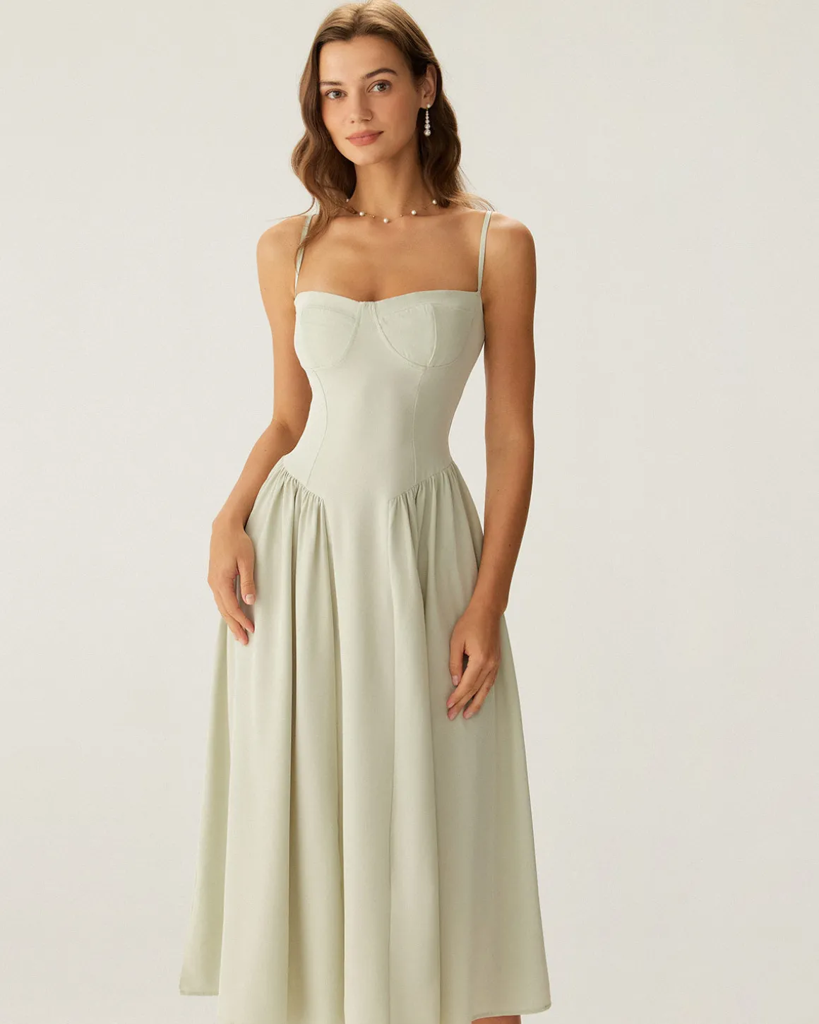 Green Square Neck Pocket Slip Midi Dress