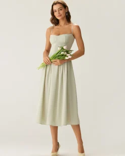 Green Square Neck Pocket Slip Midi Dress