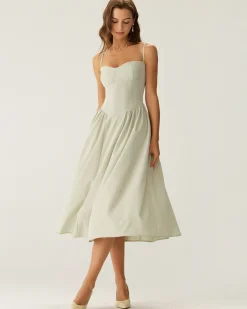 Green Square Neck Pocket Slip Midi Dress