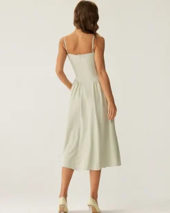 Green Square Neck Pocket Slip Midi Dress