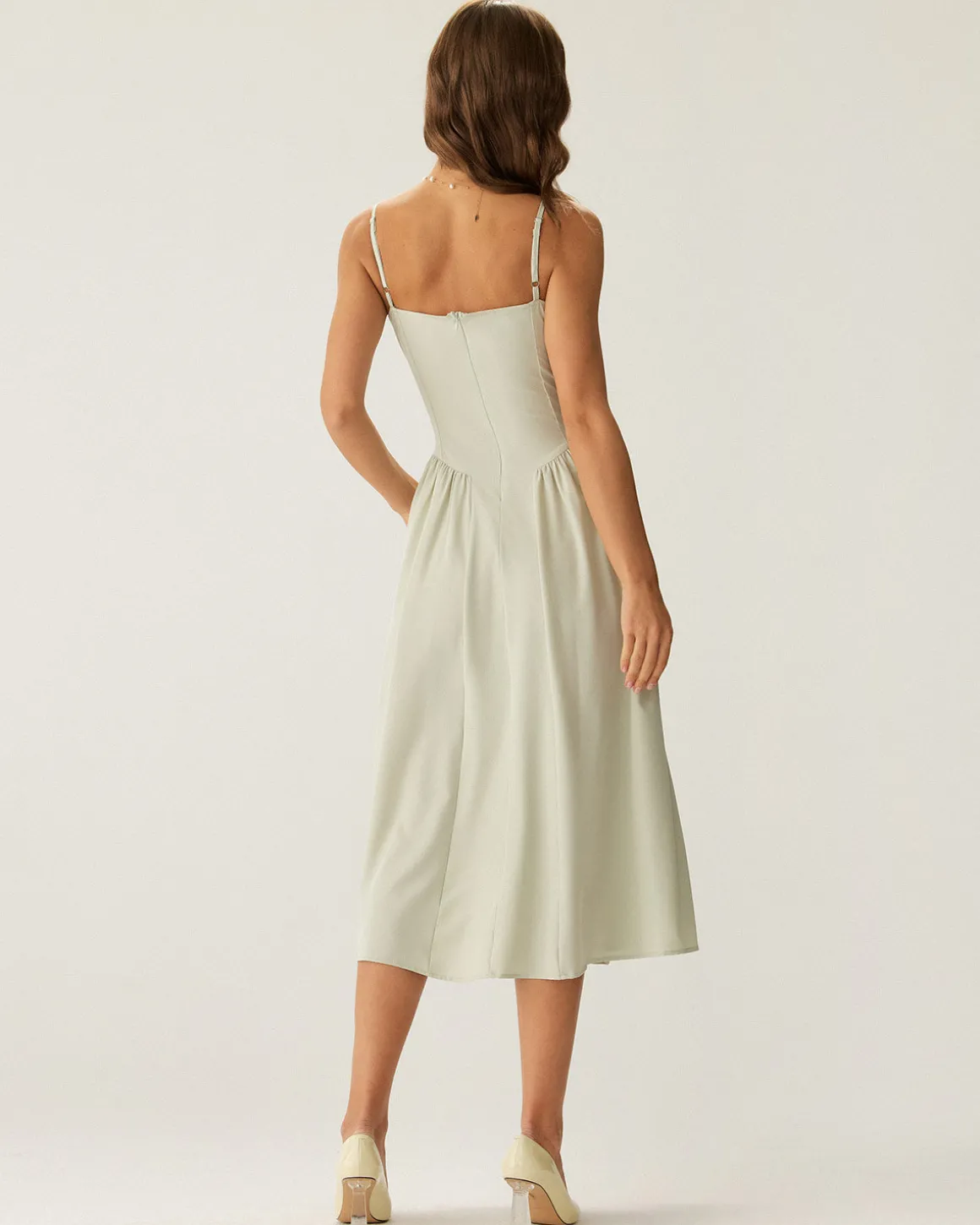 Green Square Neck Pocket Slip Midi Dress