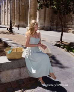 Green Square Neck Pocket Slip Midi Dress
