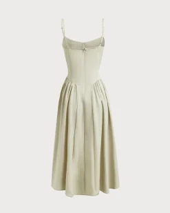 Green Square Neck Pocket Slip Midi Dress