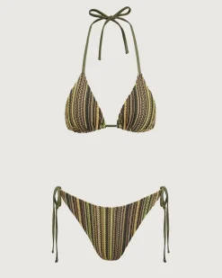 Green Striped Halter Triangle Bikini Set
