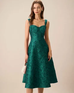 Green Sweetheart Neck Jacquard Midi Dress