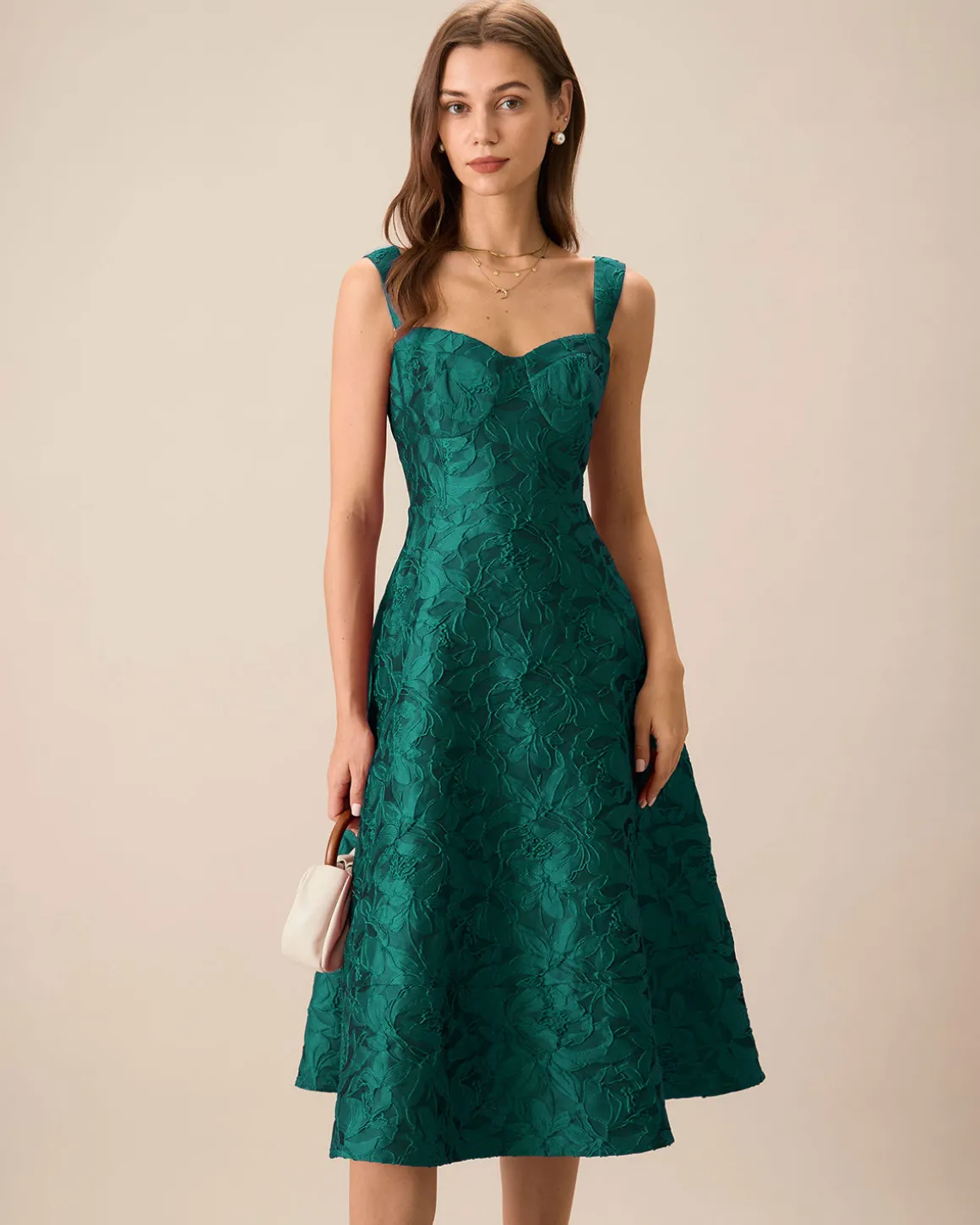 Green Sweetheart Neck Jacquard Midi Dress