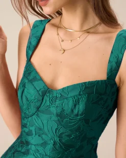Green Sweetheart Neck Jacquard Midi Dress