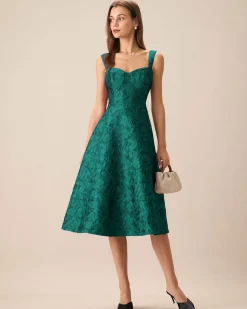 Green Sweetheart Neck Jacquard Midi Dress