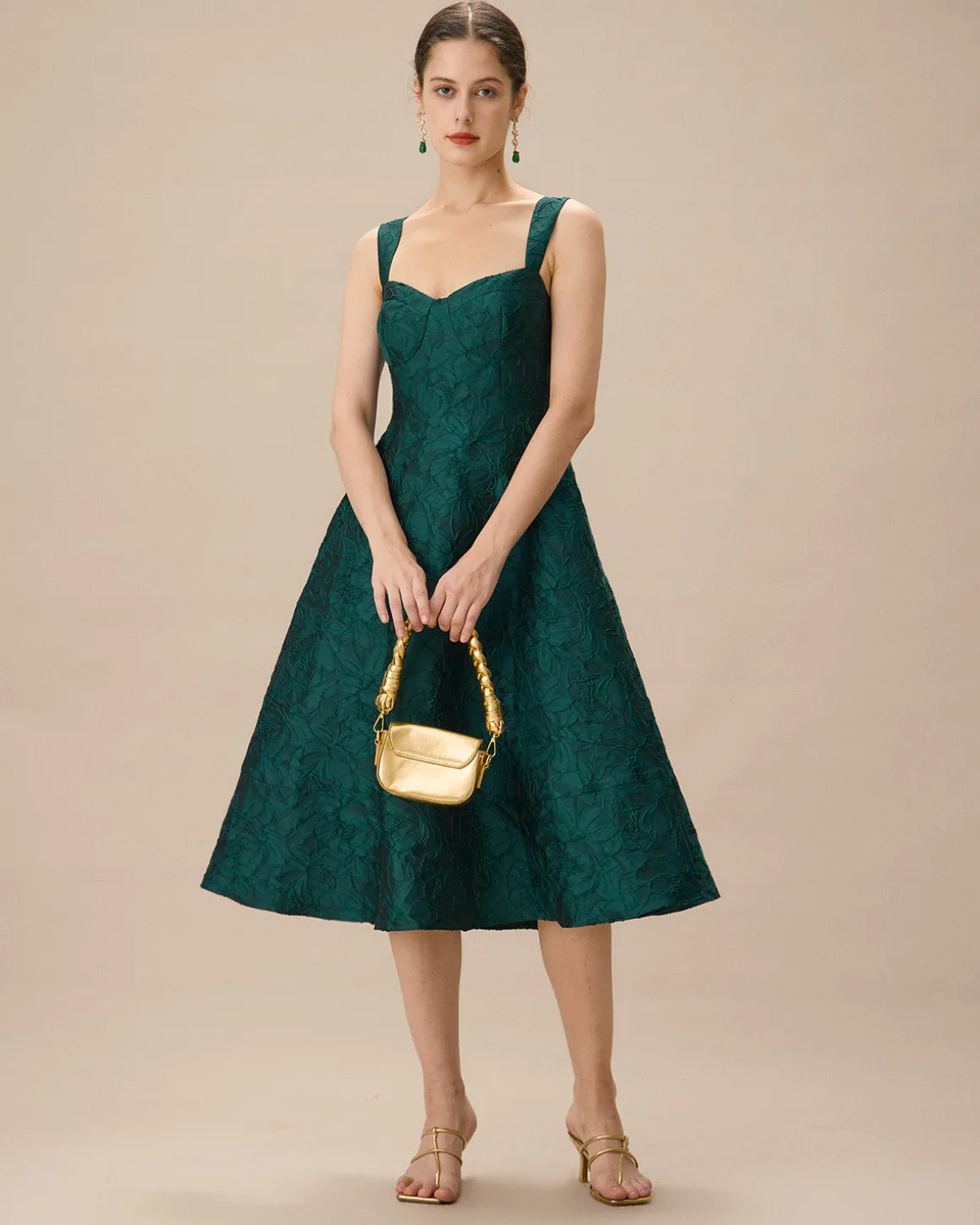 Green Sweetheart Neck Jacquard Midi Dress
