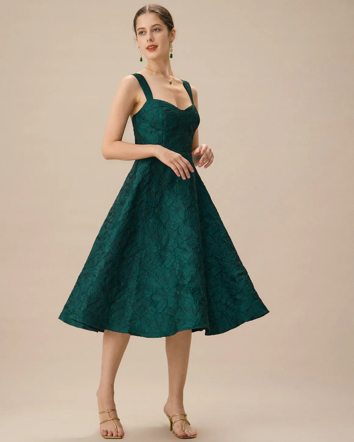 Green Sweetheart Neck Jacquard Midi Dress