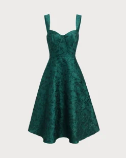 Green Sweetheart Neck Jacquard Midi Dress