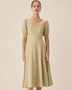 Green Sweetheart Neck Shirred Midi Dress