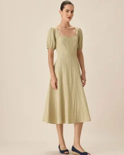 Green Sweetheart Neck Shirred Midi Dress