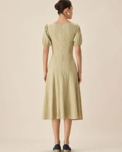 Green Sweetheart Neck Shirred Midi Dress