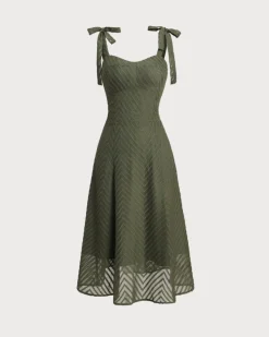 Green Sweetheart Neck Tie Strap Midi Dress