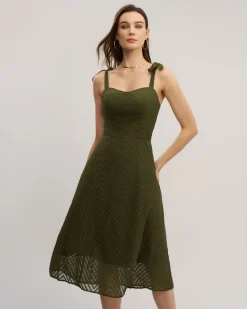Green Sweetheart Neck Tie Strap Midi Dress