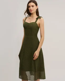 Green Sweetheart Neck Tie Strap Midi Dress