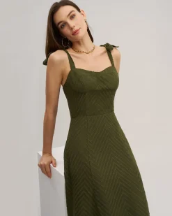 Green Sweetheart Neck Tie Strap Midi Dress