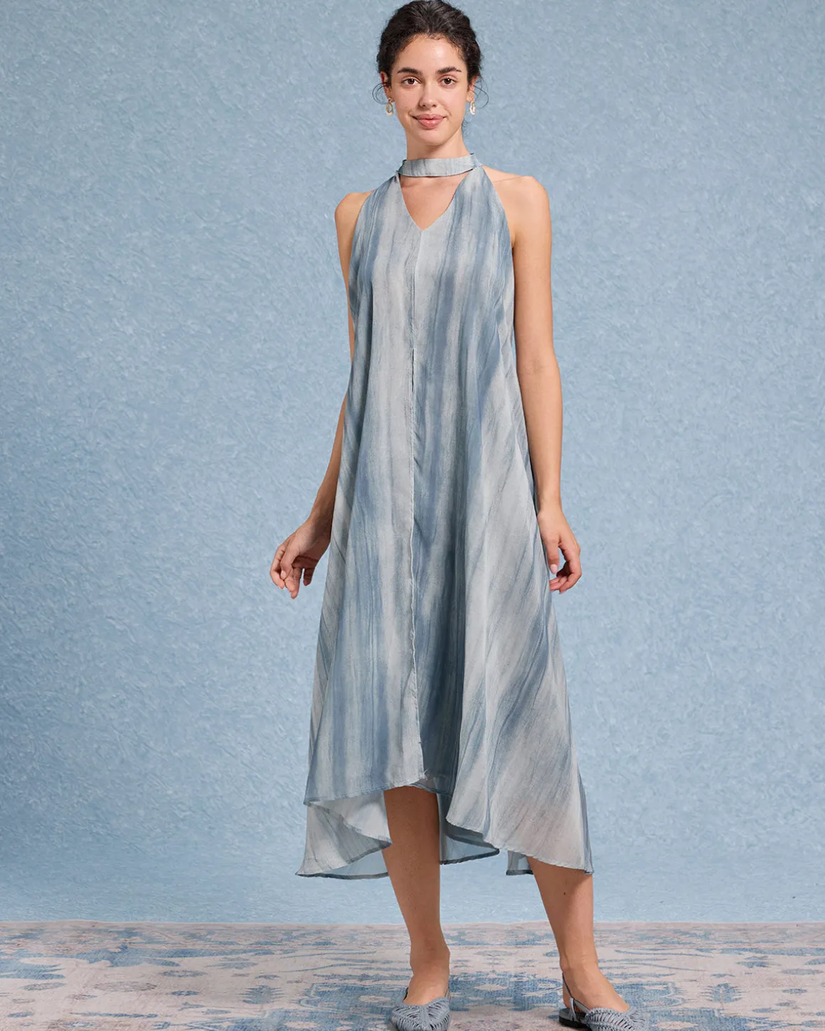 Green Tie Dye V Neck Sleeveless Midi Dress
