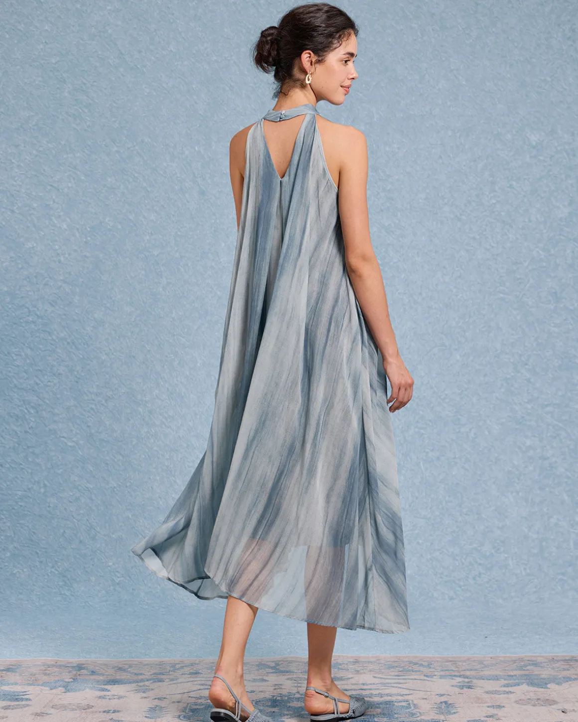 Green Tie Dye V Neck Sleeveless Midi Dress
