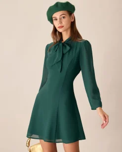 Green Tie Neck See-Through Mini Dress