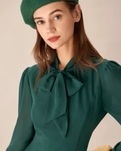 Green Tie Neck See-Through Mini Dress